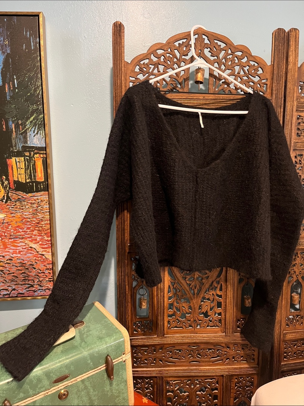 Free People Black V-Neck Boxy Knit Sweater